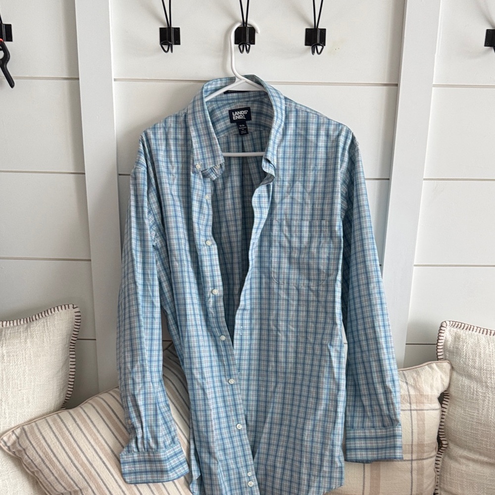 Lands' End Men's Light Blue Checkered Shirt